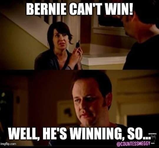 The meme is a still image from the TV show "The Good Place" where a character, Chlo... (I think you meant "Chlo...")... is talking to a character named "Ch...". The image shows Chlo... and the character "Ch...". The text at the top of the image reads "BERNIE CAN'T WIN!" and the text at the bottom of the image reads "WELL, HE'S WINNING, SO...".